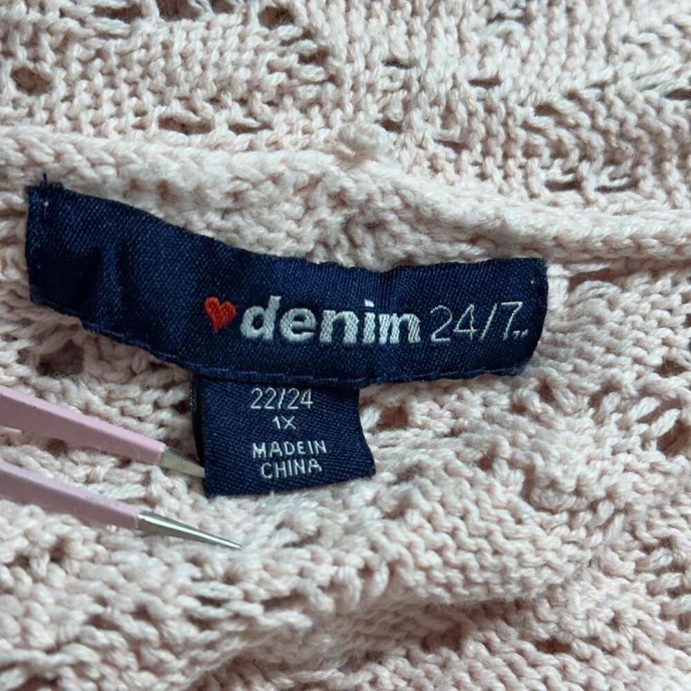 Pink Open-Front Lace Knit Cardigan Sweater 1X By Denim 24/7 Boho Cottagecore - Picture 3 of 11